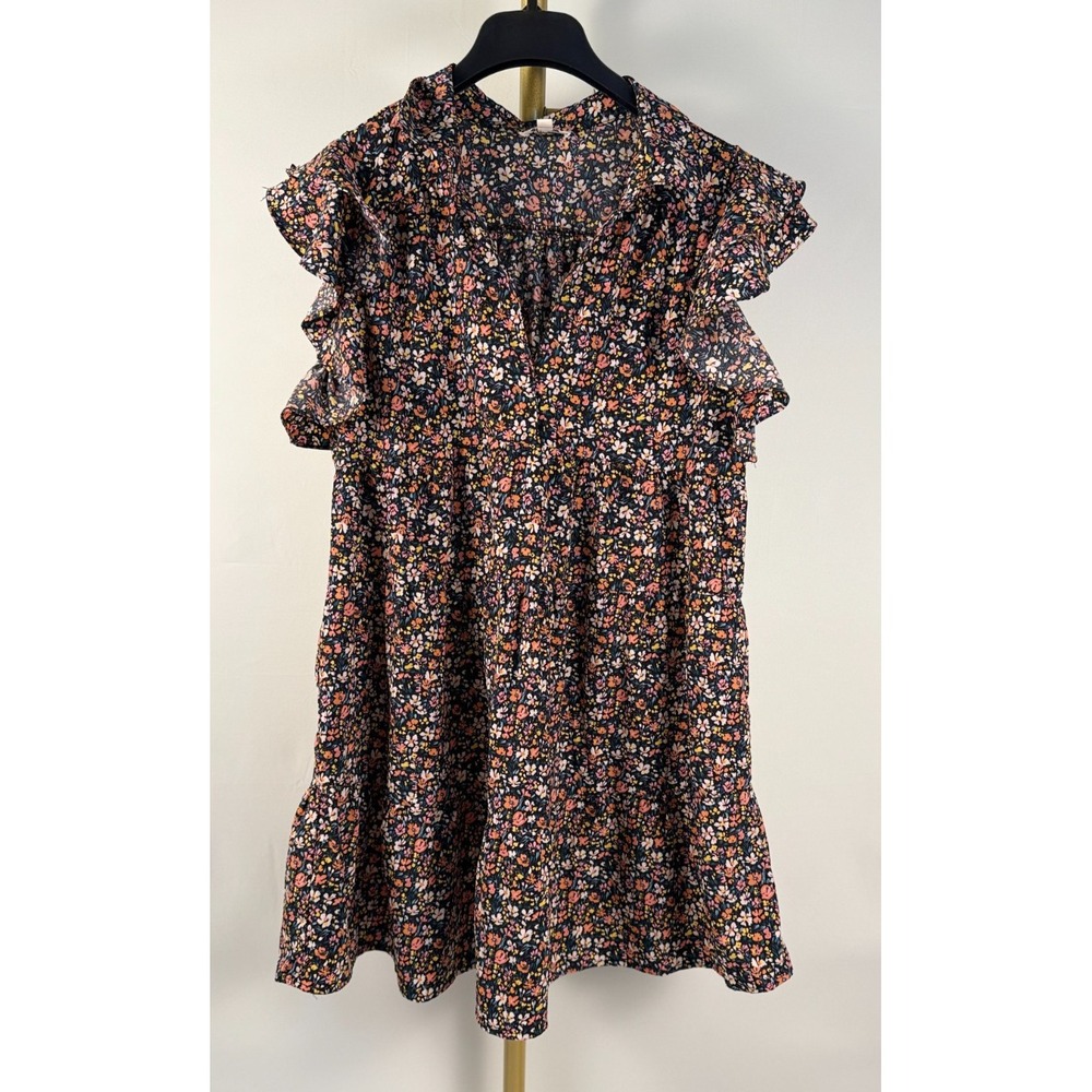 Umgee USA Womens M‎ Floral Ruffle Sleeve Babydoll Dress Black Multicolor